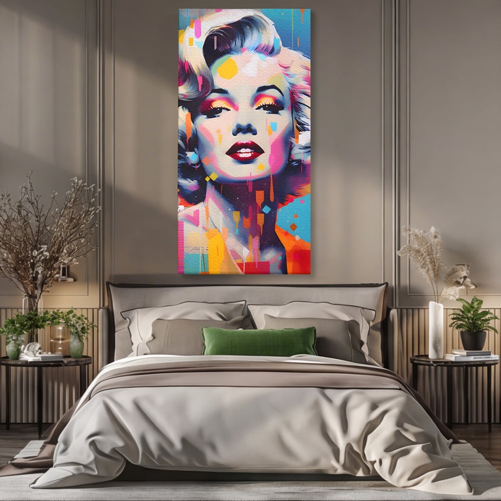 Tablou canvas cu tablou canvas portret pop art marilyn monroe, fara rama, pe sasiu de lemn, pe perete intr-un dormitor
